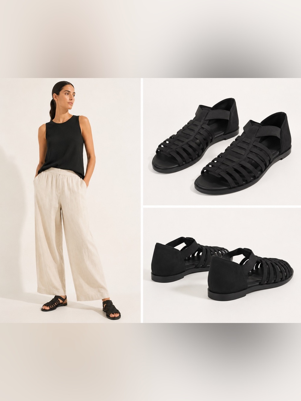 Eileen Fisher Rato Black Elastic Caged Gladiator Flat Sandals Size 5